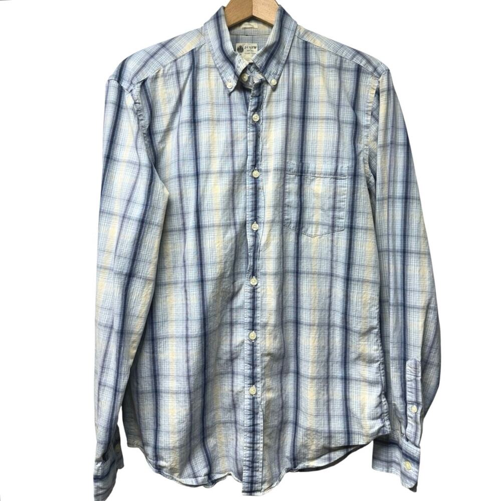 J Crew Men’s Size Medium Button Down Shirt Blue Yellow Plaid Long Sleeve Preppy